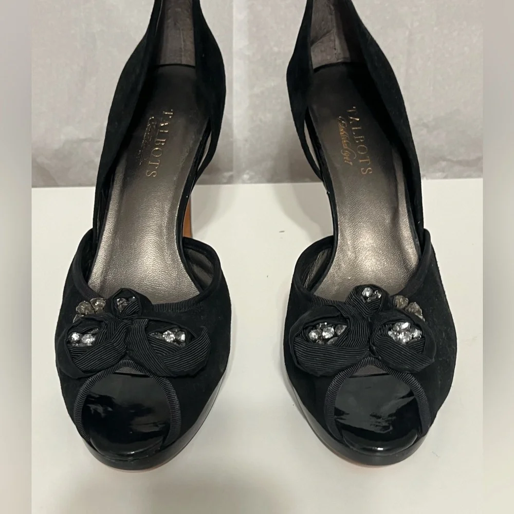 NEW Talbots black crushed velvet peep toe heels floral rhinestone holiday Sz 8.5